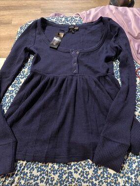 Dolls Kill Navy Waffle Knit Long Sleeve Peplum Top